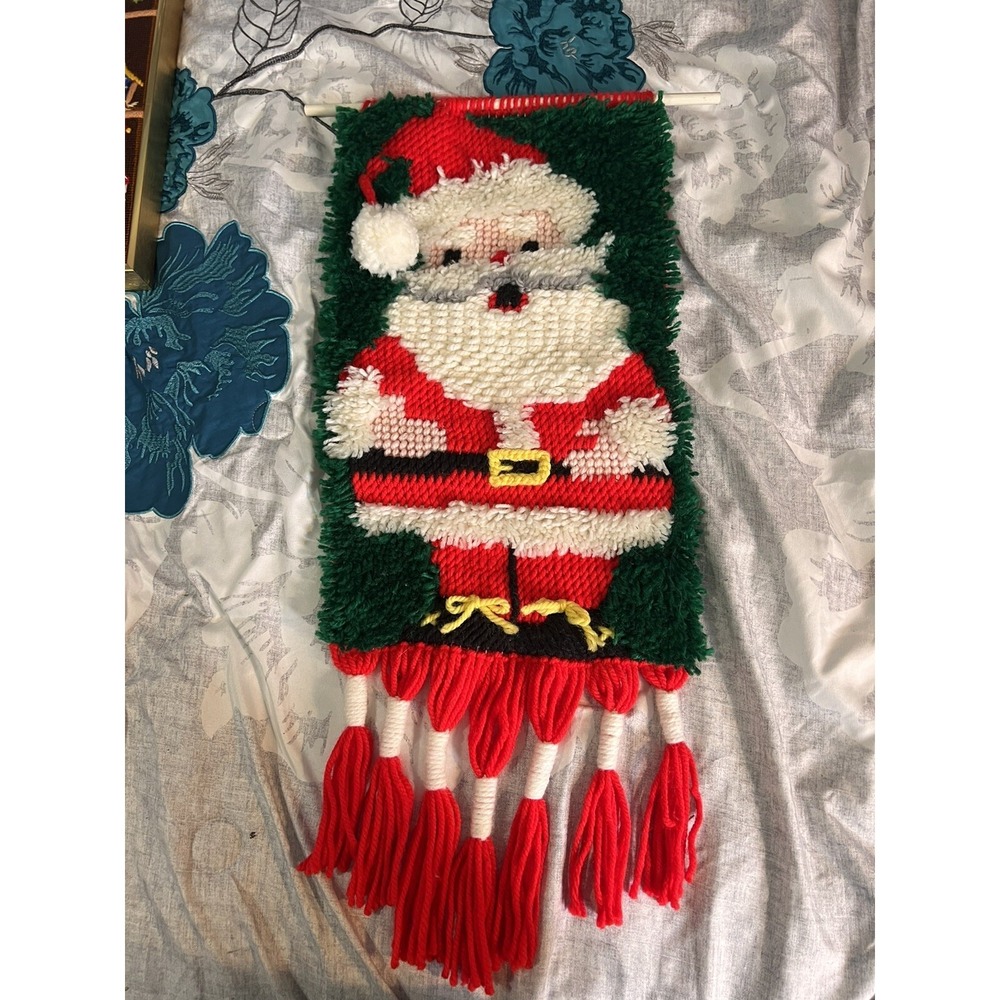 Vintage Latch Hook Santa Hanging Decoration 1970s large 30" long Christmas